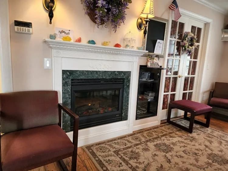 The fireplace waiting room at the Nutrition Balance office in West Hartford Center